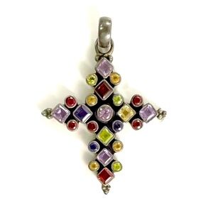 Vntg Sterling Silver Peridot Citrine Garnet Amethyst Cross / Crucifix Pendant